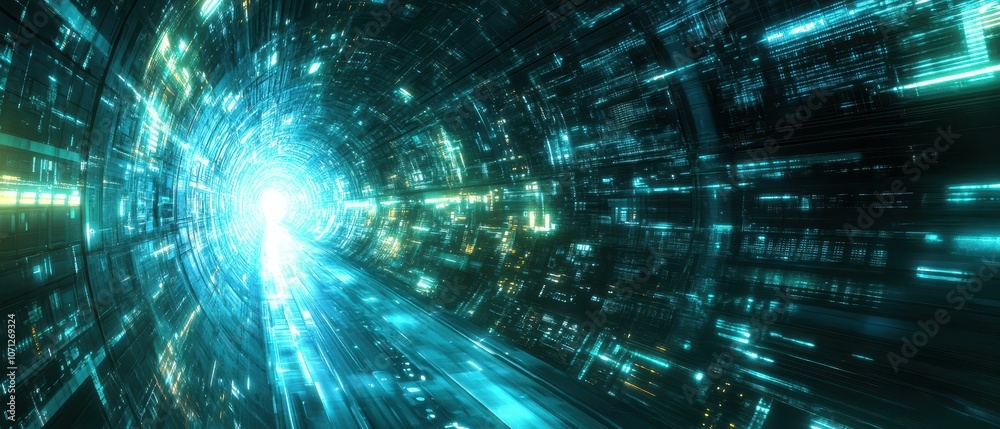 Futuristic Digital Tunnel with Bright Light at the End - Abstract Concept of Technology and Innovation. Futuristic Digital Tunnel with Bright Light at the End - Abstract Concept of Technology and Innovation.