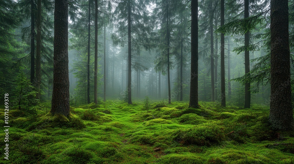 Fototapeta premium Mystical Foggy Forest with Lush Green Moss - Tranquil Nature Scene.