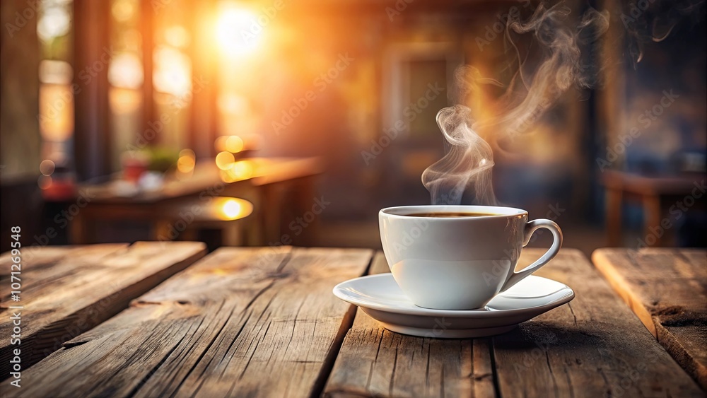 Aromatic Steam Rising From a Cup of Coffee on a Wooden Table in a Sunlit Room Aromatic Steam Rising From a Cup of Coffee on a Wooden Table in a Sunlit Room
