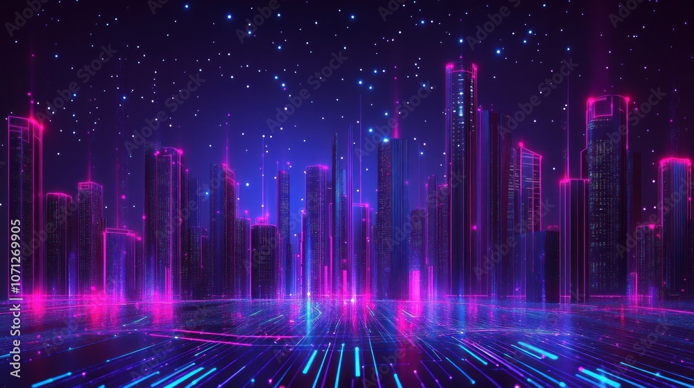 Futuristic City with Neon Pink and Blue Lights Under Starry Sky Futuristic City with Neon Pink and Blue Lights Under Starry Sky