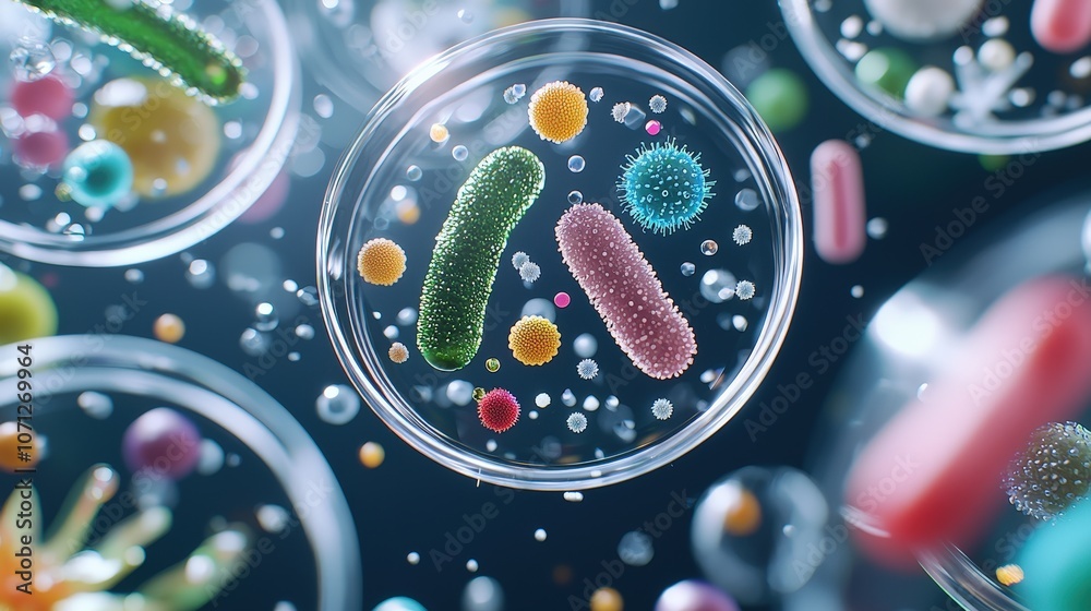 A close-up view of an aerial perspective showing the vibrant colors and shapes inside one Petri dish, with various bacteria visible in shades of green, blue-green, yellow, pink, or purple. A close-up view of an aerial perspective showing the vibrant colors and shapes inside one Petri dish, with various bacteria visible in shades of green, blue-green, yellow, pink, or purple.