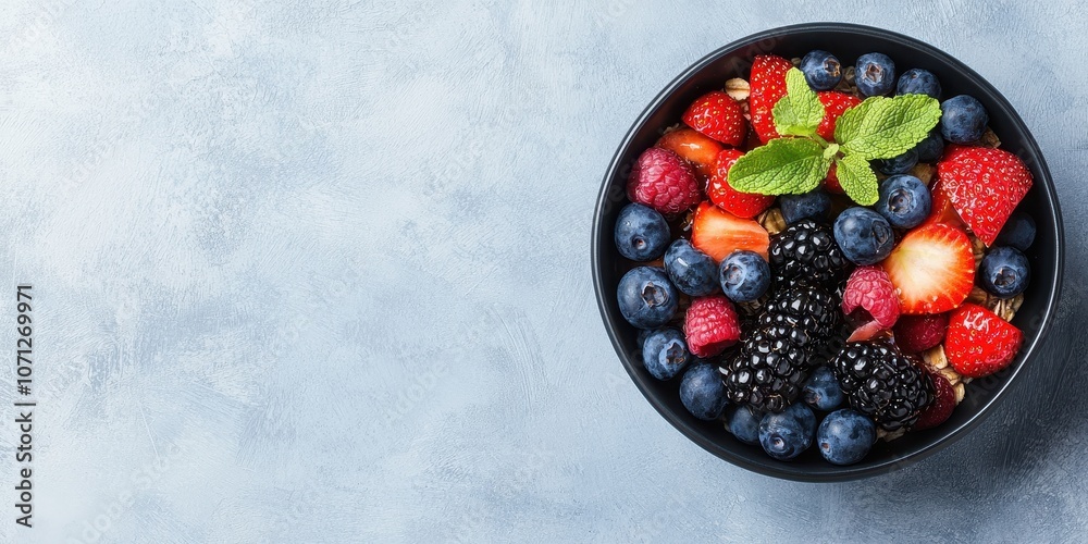 A vibrant bowl of mixed berries topped with fresh mint leaves, showcasing strawberries, blueberries, and blackberries on a textured gray background.