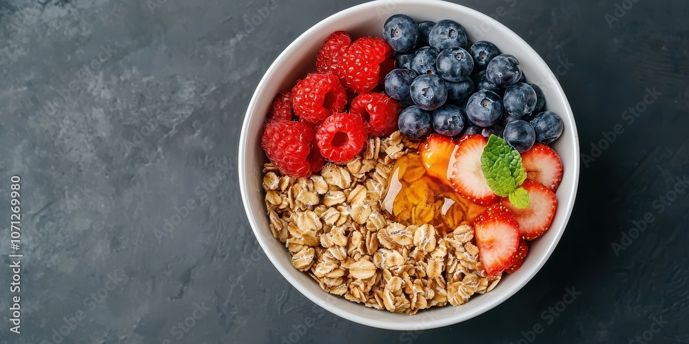 A vibrant bowl of granola topped with fresh raspberries, blueberries, strawberries, and a slice of orange, showcasing a healthy, colorful breakfast option. A vibrant bowl of granola topped with fresh raspberries, blueberries, strawberries, and a slice of orange, showcasing a healthy, colorful breakfast option.