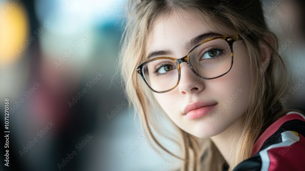 A close-up portrait of a young woman with glasses, showcasing her thoughtful expression. A close-up portrait of a young woman with glasses, showcasing her thoughtful expression.