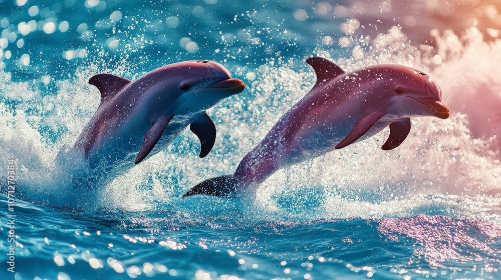 Fototapeta premium Playful Dolphins Jumping in Sparkling Ocean Waves