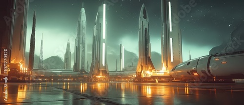 Futuristic Spaceship Cityscape with Rockets and a Starry Night Sky.