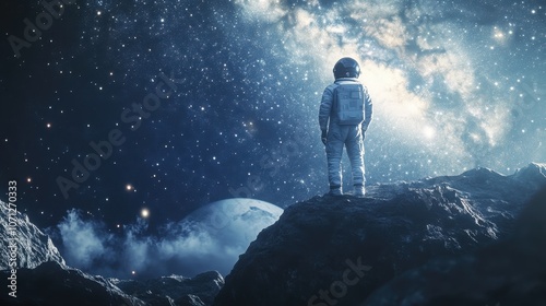 Astronaut Standing on a Rocky Outcrop with a Starry Sky and a Distant Planet - Space Exploration, Science Fiction, and Cosmic Wonder.