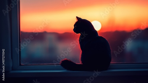 Silhouette of a Black Cat Gazing at Sunset Through Window