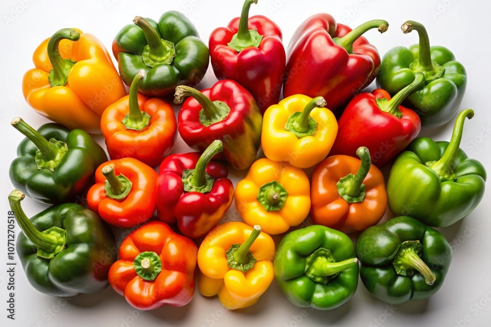 Vibrant Assortment of Red, Yellow, Orange, and Green Peppers Isolated on a Clean White Background for Culinary and Healthy Eating Concepts Vibrant Assortment of Red, Yellow, Orange, and Green Peppers Isolated on a Clean White Background for Culinary and Healthy Eating Concepts