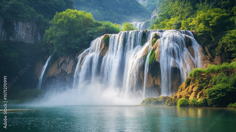 Majestic Waterfall Cascading Over Rocky Cliffs