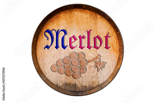 Isolated sign with Merlot engraved, arranged with old wooden wine barrel