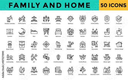 Family and Home icons set with outdoor activities, family sports, recreation, family exercise, fitness, wellness, health, family safety, security, protection  icon. Simple line vector 
