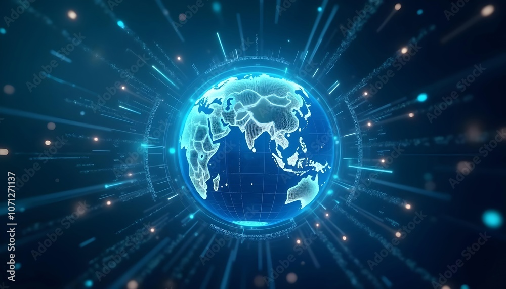 The glowing blue planet Earth, with its glowing lines and dot network The glowing blue planet Earth, with its glowing lines and dot network