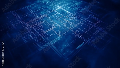 An abstract image showcasing blue light patterns and grid formations, creating a digital or technological atmosphere.