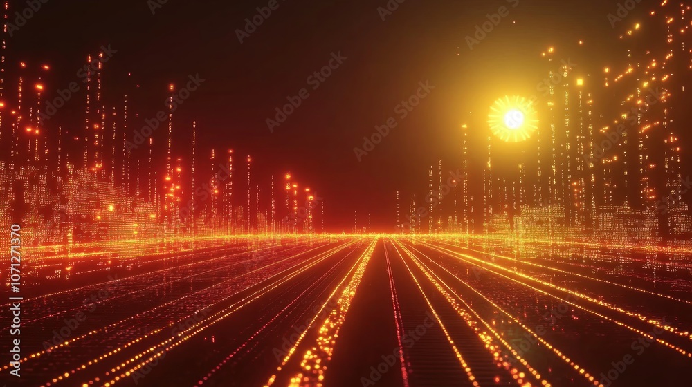 A glowing, digital landscape with a bright light source at the end of a long, straight path. A glowing, digital landscape with a bright light source at the end of a long, straight path.