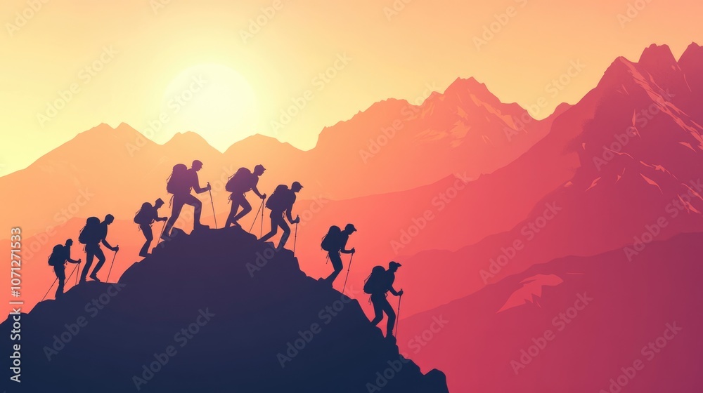 Fototapeta premium Hikers Ascending Mountain Range at Sunset