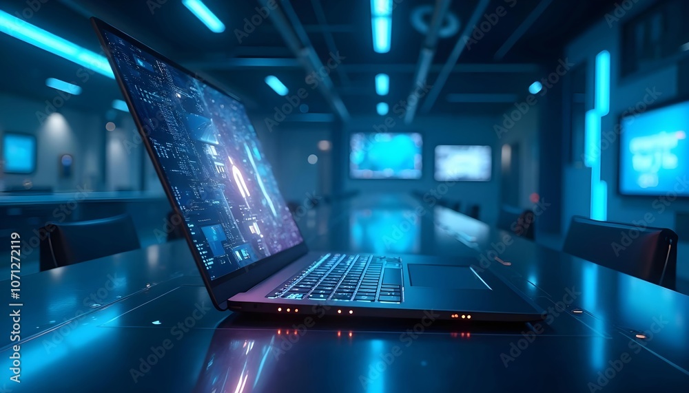 The laptop has a glowing display screen and neon lights