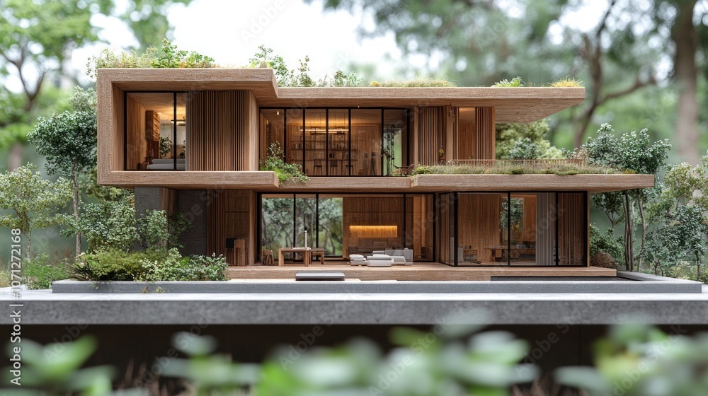 Modern wooden house with a green roof and large windows in a forest setting. Modern wooden house with a green roof and large windows in a forest setting.