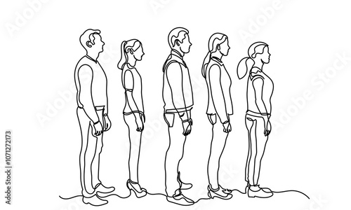 continuous line drawing of a group of men and women in a queue line.  one-line Queue of many people waiting. Diverse people stand isolated on a white background.