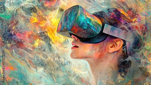 Woman Wearing VR Headset Surrounded by Vibrant Abstract Colors photo