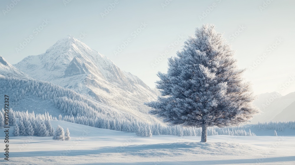 Solitary Snow-Covered Tree in a Winter Mountain Landscape - Stunning Snowy Scene Solitary Snow-Covered Tree in a Winter Mountain Landscape - Stunning Snowy Scene