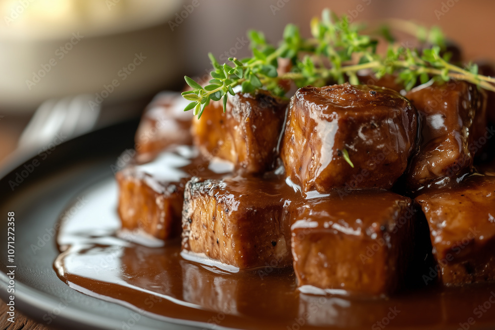 Close-up of meat cubes covered in savory gravy served on a plate Close-up of meat cubes covered in savory gravy served on a plate
