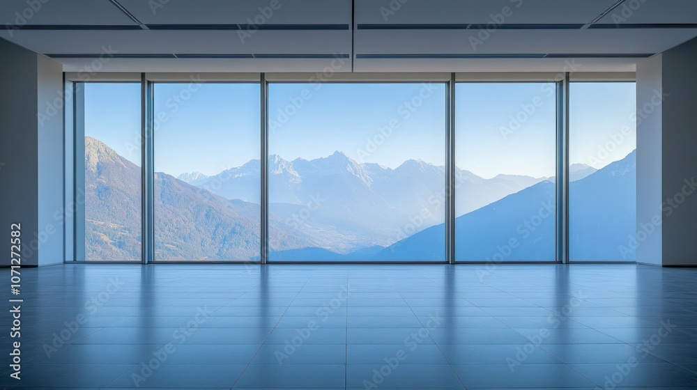 Fototapeta premium A spacious room with large windows showcasing a scenic mountain view.