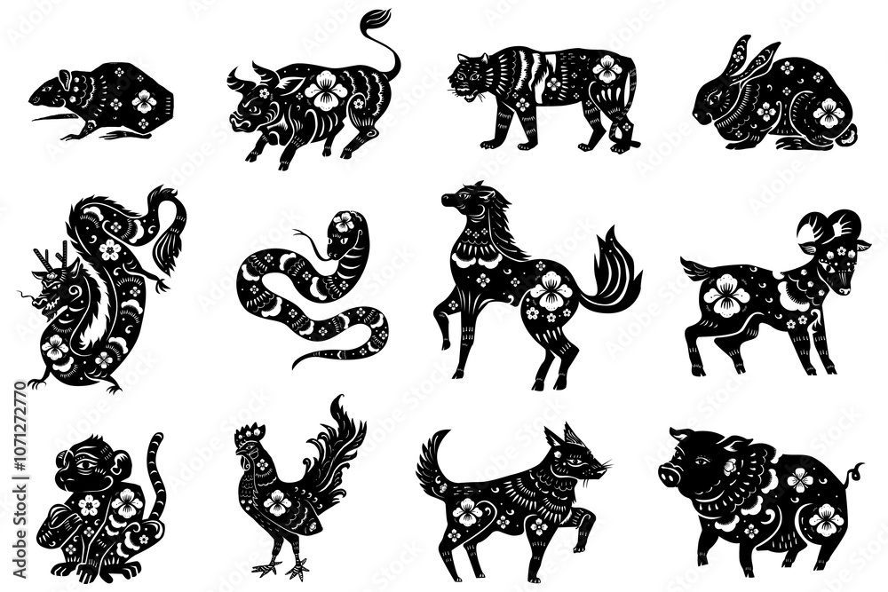 Φωτογραφία Chinese animal zodiac png black new year stickers collection