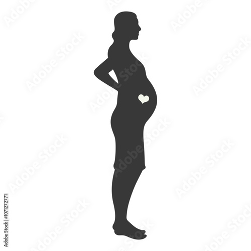 Pregnant Mom Silhouette Isolated on White Background. Black and White Vector Illustration.