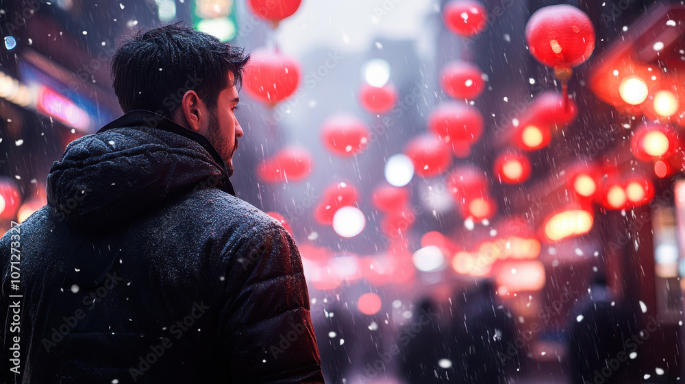 man stands in snowy street adorned with red lanterns, creating festive atmosphere. scene captures blend of winter and cultural celebration man stands in snowy street adorned with red lanterns, creating festive atmosphere. scene captures blend of winter and cultural celebration