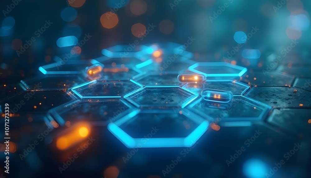 Blue and orange hexagonal luminous bodies, transparent capsules or pills Blue and orange hexagonal luminous bodies, transparent capsules or pills