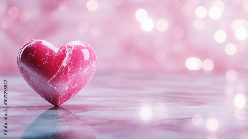 beautiful pink marble heart on reflective surface, surrounded by soft bokeh lights, creating romantic and serene atmosphere beautiful pink marble heart on reflective surface, surrounded by soft bokeh lights, creating romantic and serene atmosphere