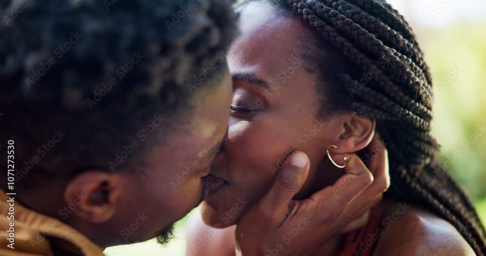 Love, connection and black couple with kiss in nature on date for romance, bonding and commitment. Care, happy and African man and woman hugging for relationship outdoor together on weekend trip.