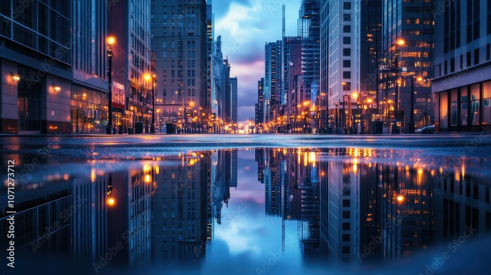 Fototapeta premium Cityscape Reflection in Puddle at Dusk - Urban Architecture and Night Lights.