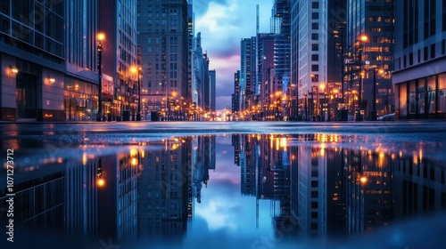 Cityscape Reflection in Puddle at Dusk - Urban Architecture and Night Lights.