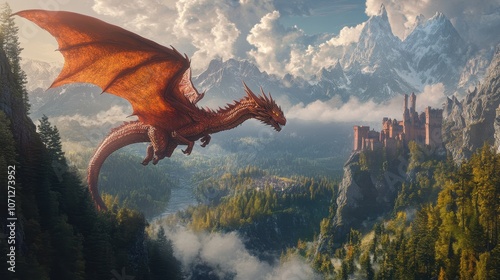 Fantasy Dragon Flying Over Majestic Mountain Range with Castle