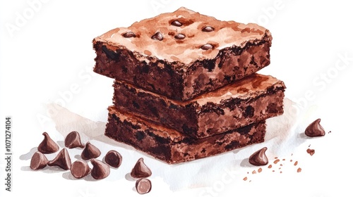 Three stacked chocolate brownies with chocolate chips and scattered chocolate pieces.