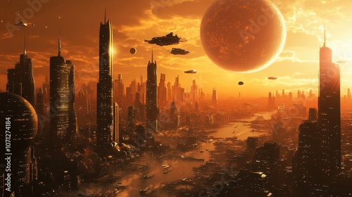 Futuristic Cityscape with Red Planet and Flying Ships at Sunset.