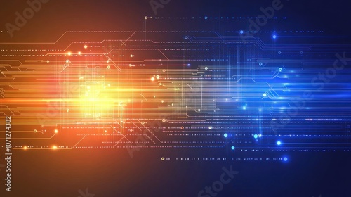 Digital Circuit Board with Orange and Blue Glowing Lines and Symbols photo