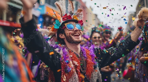 Happy Man with Colorful Hat and Sunglasses Celebrating in a Crowd at Mardi Gras.