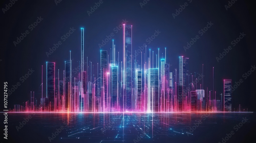 Fototapeta premium Futuristic Skyline with Vibrant Colors and Digital Lines Reflecting on Dark Surface