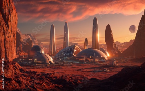 Futuristic City on a Red Planet with a Sunset and a Moon - Sci-Fi Concept Art
