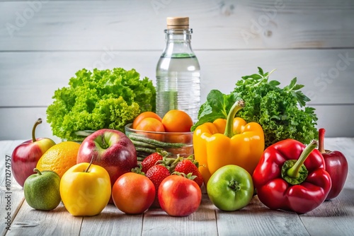 Vibrant Display of Fresh Fruits and Vegetables with Refreshing Water Bottle on a Clean White Background for Healthy Lifestyle and Nutrition Concepts