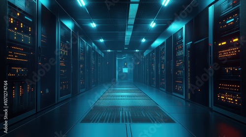 Futuristic Server Room Interior with Blue Lighting and Grid Floor