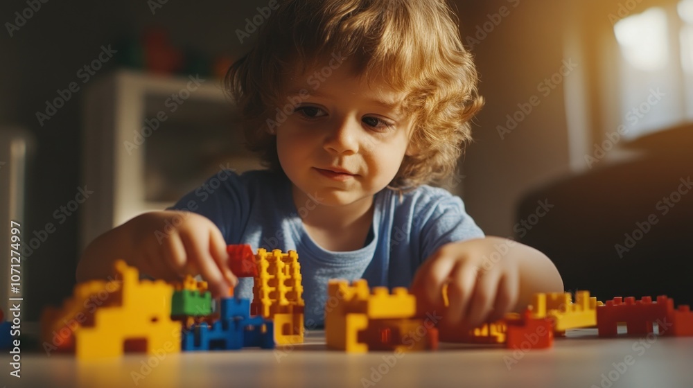 Young Child Playing with Colorful Building Blocks Young Child Playing with Colorful Building Blocks