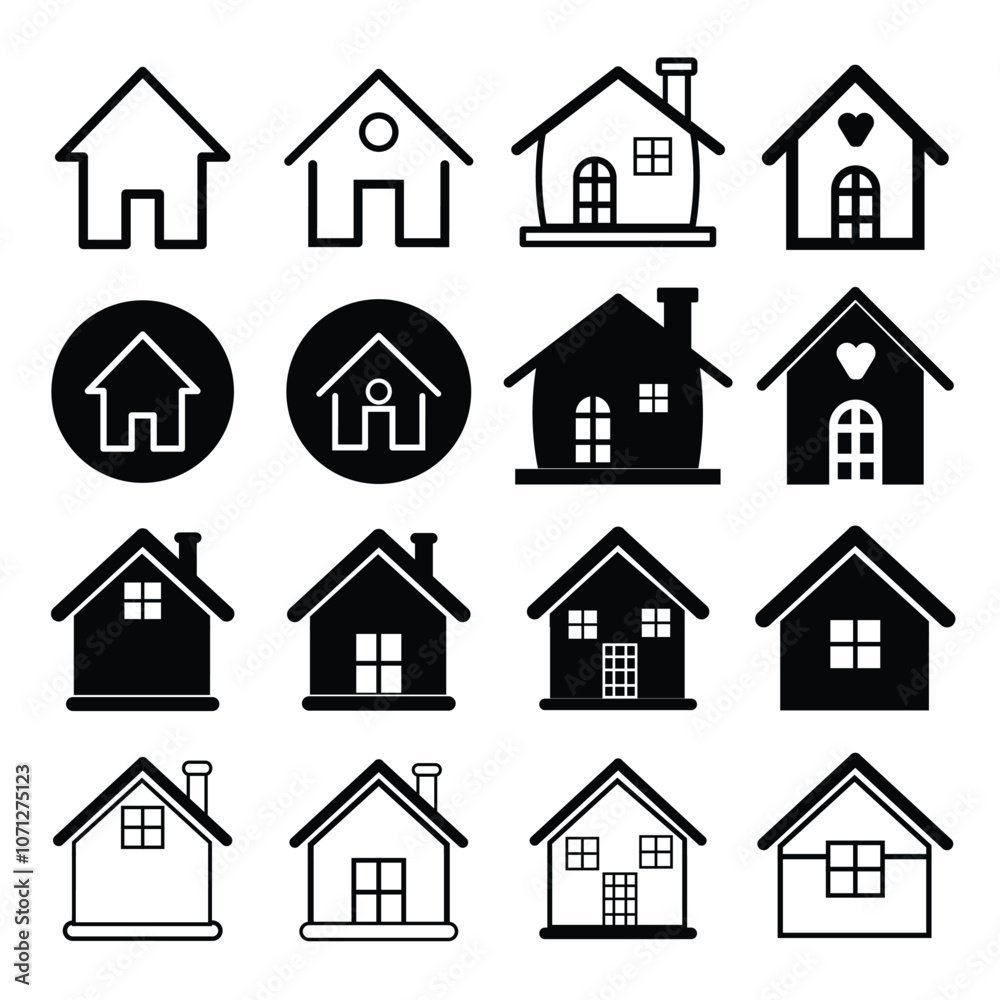 Collection home icons. House symbol. Set of real estate objects and houses black icons isolated on white background. Vector illustration. Collection home icons. House symbol. Set of real estate objects and houses black icons isolated on white background. Vector illustration.