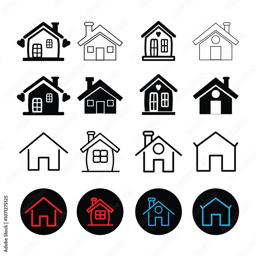 Collection home icons. House symbol. Set of real estate objects and houses black icons isolated on white background. Vector illustration. Collection home icons. House symbol. Set of real estate objects and houses black icons isolated on white background. Vector illustration.