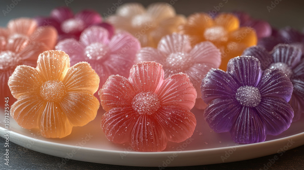 A plate of flower-shaped jelly candies.