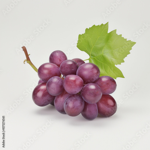 Ripe red wet grape with drops. Pink bunch with leaves isolated on white. With clipping path. Full depth of field