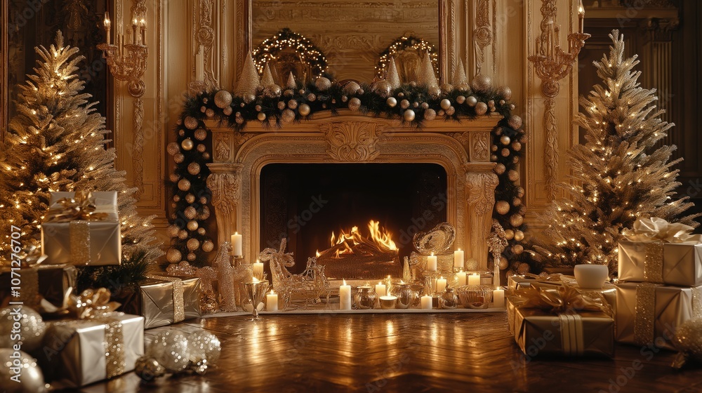 The warmth of the fireplace enhances the enchanting atmosphere, surrounded by two elegantly adorned Christmas trees and shimmering presents, creating a festive holiday wonderland. The warmth of the fireplace enhances the enchanting atmosphere, surrounded by two elegantly adorned Christmas trees and shimmering presents, creating a festive holiday wonderland.